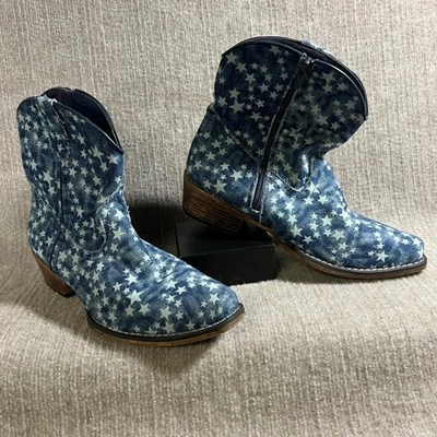 Botas de Vaquero Roper Star Denim Western Azul Blanco Cremallera Lateral Tacón Bloque 10 Mujeres Foto 1 de 4