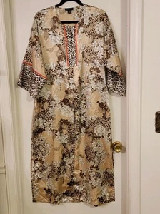 Jones New York Kaftan Robe Kimono M House Dress Floral Animal Print Trim Satin - Picture 1 of 9