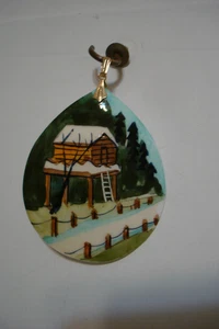 Sea Shell Pendant Painted with Log Cabin Mountain Scene - Picture 1 of 11