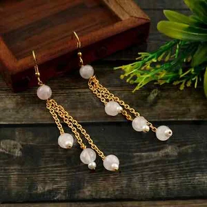 Argento Sterling Placcato Oro Quarzo Rosa con Perla Pendente Orecchino Gioielli - Imagen 1 de 5