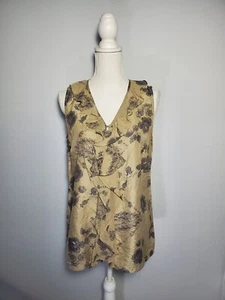 Cabi Taupe Silk Blouse Gray Floral Print Ruffled Button Front Women's Medium - Picture 1 of 10