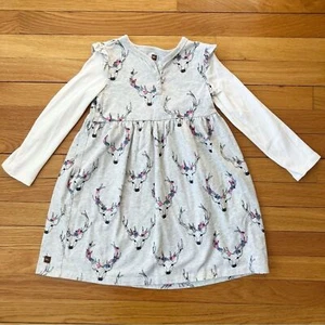 Tea Collection Grey Deer Antler Print Cotton Long Sleeve Dress 6 - Picture 1 of 8