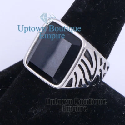  MEN's Stainless Steel Black Onyx Silver Black Ring Size 8-13  #12 - Image 1 of 4