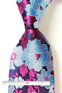 New Classic Floral Blue PINK JACQUARD WOVEN  100% Silk Men's Necktie Tie - Picture 1 of 6