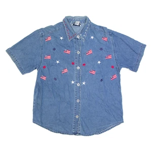 SARA STUDIOS American Flags Girls Denim Shirt Blue L - Picture 1 of 6