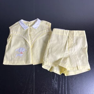 Vintage 70s Baby 12M Yellow Puppy Dog 2pc Shorts & Top Outfit Set Plastic Pants - Picture 1 of 7