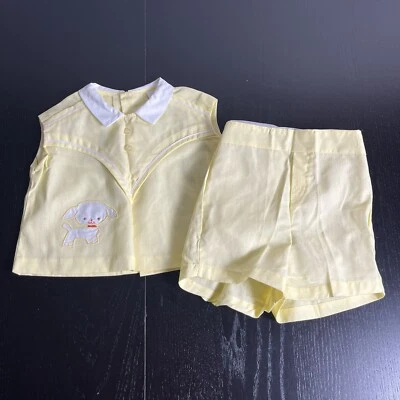 Винтажный 70-х годов Baby 12 М желтый щенок собаки 2шт шорты и верхний наряд комплект пластиковые брюки - Изображение 1 из 4