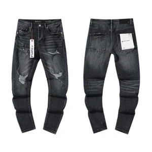Black Purple Brand Men's Personality Hole Design Vintage Slim Fit Jeans All Size - Picture 1 of 14