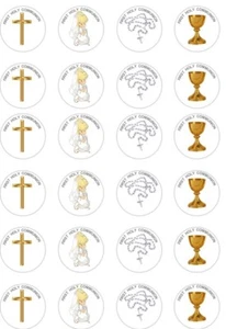 24 x PRECUT GIRLS/GOLD/SILVER FIRST HOLY COMMUNION RICE/WAFER CUP CAKE TOPPERS - Picture 1 of 1