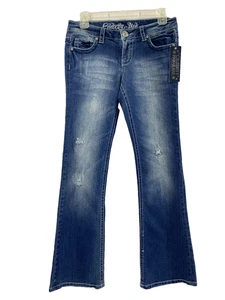 Jeans Celebrity rosa junior taglia 7 Distress svasati vita bassa tasche con patta borchie in metallo - Foto 1 di 12