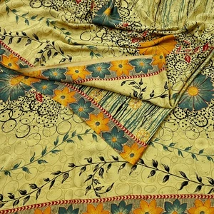 Vintage Beige Moss Crepe Printed Saree Floral Design 5 Yards Soft Craft Fabric - Picture 1 of 24
