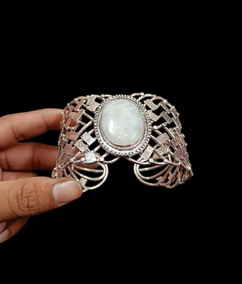 Natural Rainbow moonstone Bangle 925 Sterling Silver gift bangle For Her - Image 1 of 4