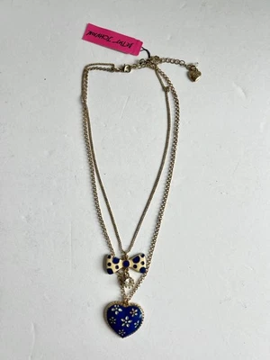 Collar Betsey Johnson Vintage Azul Floral Corazón y Lunares Lazo Doble Hilo Foto 1 de 4