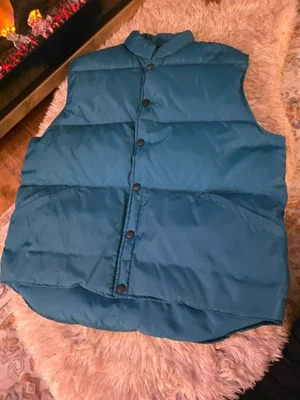 Lands' End Unisex Puffer Vest Sz Large Teal Goose Down Gorpcore Hike Camp Button - Image 1 of 4