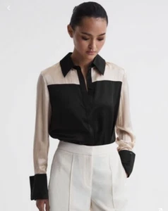 NWT Reiss Lorey Silk Colorblock Long Sleeve Button Down Shirt Black/Champagne 4 - Picture 1 of 13
