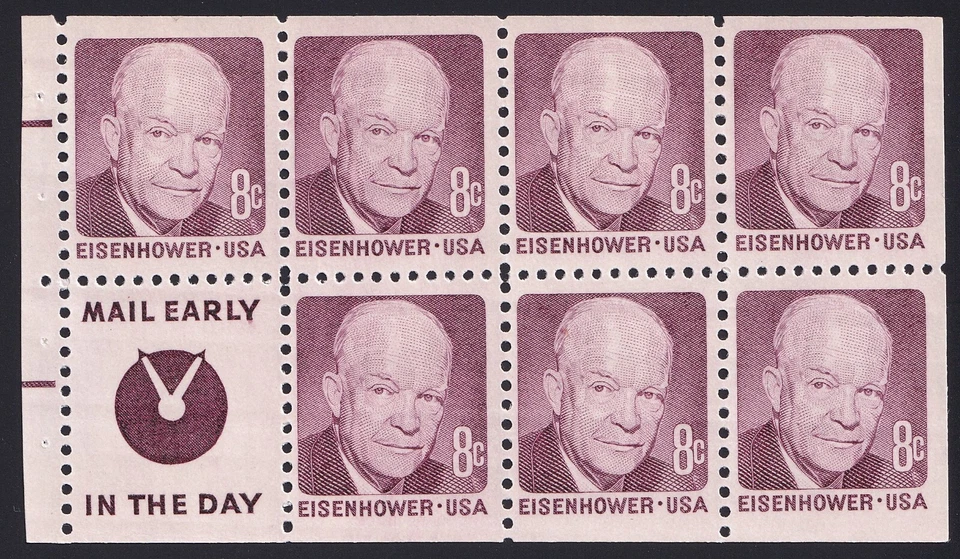1395d “Eisenhower” 8c Booklet Pane of 7 + Label, with Lines. Dull Gum, Unused NH - Image 1 of 1