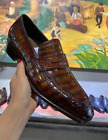 Handmade men brown crocodile dress shoes, slip on moccasin shoes for mens