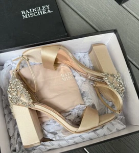 Badgley Mischka Ainsley Crystal Embellished Ankle Strap Sandal, Latte Satin, 9.5 - Picture 1 of 20