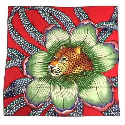 Hermes Scarf Stole Baobab Cat by Ardmore Artists Red Animal Silk Auth 90 cm Ex++ - Image 1 of 4