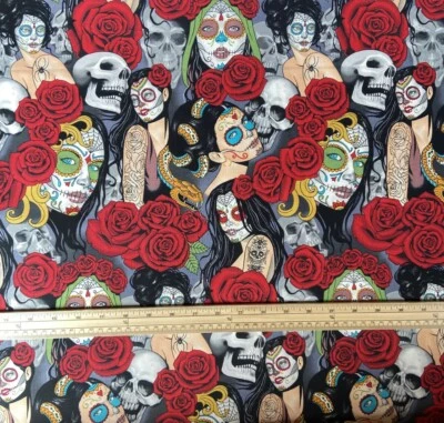 ALEXANDER HENRY Fat Quarter Nocturna Day Of The Dead Women And Roses 100% Cotton Quilting Fabric