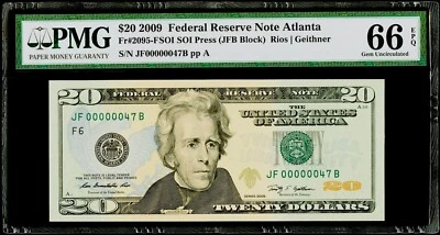 $20 2009 Federal Reserve Note Atlanta Fr#2095-F "Serial # 47" PMG 66 EPQ Gem UNC - Image 1 of 3