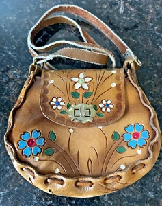Vintage Hand Tooled Painted Leather Souvenir Mexico Small Purse/Shoulder Bag 5x6 - Picture 1 of 10