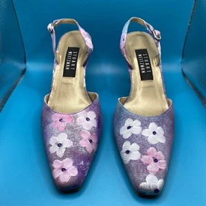 Stuart Weitzman Slingback Heels Hand Painted Purple Floral Leather Women's 7 B - Picture 1 of 9