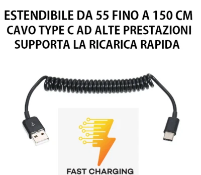 CAVO USB TYPE C ELASTICO MOLLA ESTENSIBILE 150 CM RICARICA RAPIDA AUTO SPIRALE - Immagine 1 di 4