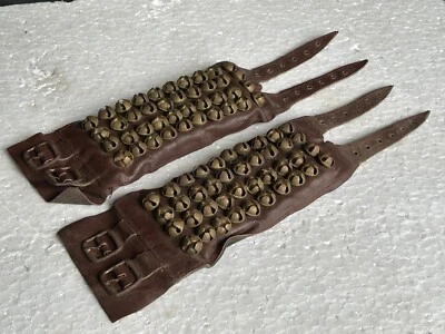 RARO ANTIGUO VINTAGE QUOVADIS CUERO BHARATNATIYAM TOBILLERAS CAMPANAS DE LATÓN GHUNGROO, Foto 1 de 4