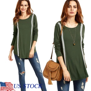 US Womens Crewneck Sweatshirt Casual Loose Fitting Tops Long Sleeve T Shirt Lace - Picture 1 of 13