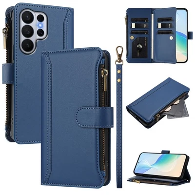 Zipper 9 Card Leather Wallet Case Bag Flip Stand Cover Fashion For Various Phone - Image 1 of 4
