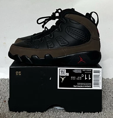 Size 11C- Nike Air Jordan Retro 9 Olive 2024 Black Green Preschool 401811-030 - Image 1 of 4