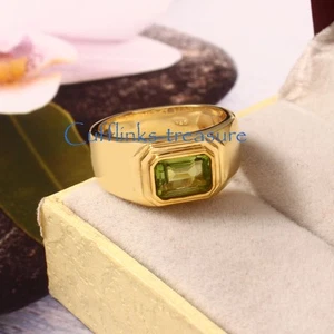 Natural Peridot Gemstone with 925 Sterling Silver 18 K Gold Plated Men Ring #91 - Picture 1 of 6