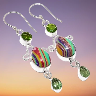 Multicolor Calsilica with Peridot Gemstone 925 Sterling Silver Earring 2.4" C835 - Image 1 of 4