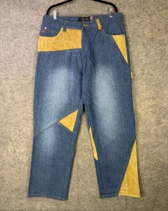 VTG Johnny Blaze 5 Jeans Men's Size 38 Denim Blue Rare Leather Patchwork Baggy - Picture 1 of 11
