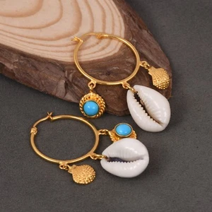 Cowrie & Turquoise in Gold Plated Round Hoop Earrings For Wedding Jewelry Gift - Picture 1 of 11