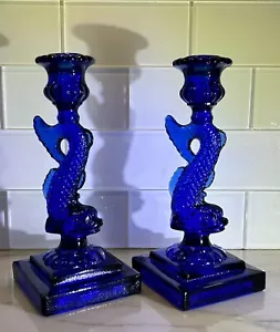 MMA Cobalt Blue Koi Dragon Vintage Candlesticks By Imperial Glass - Picture 1 of 8
