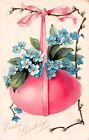 Easter Card Pink Egg Ribbon Hanging Tucks Blue Flowers Vtg Postcard D40