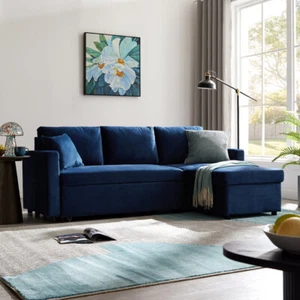 Sofa Bed Pull Out Velvet or Linen 3 Seater Grey Blue Black Chaise With Storage - Picture 1 of 45