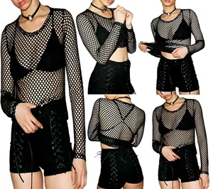 Womens Long Sleeve Fishnet Top T Shirt Round Neck See Through Casual Tees Top - Picture 1 of 5