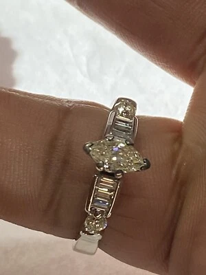 18K White Gold Marquise, Round & Baguette cut Diamond Engagement Ring Sz 9 - Image 1 of 4