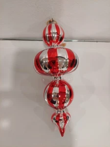 Handblown Art Glass 4 Tiers Peppermint Silver Red Christmas Ornament 8" - Picture 1 of 4
