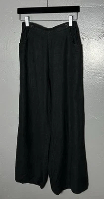 Pantalones negros de lino para mujer 100 % lino pierna ancha cintura elástica talla pequeña Foto 1 de 4