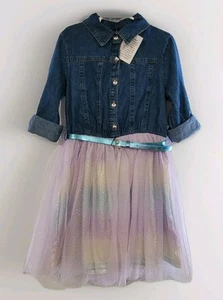 Girls Dress Size 7/8 NWT Denim Top/Tulle-Tutu, Pastel Glitter Skirt, Blue Belt - Picture 1 of 4