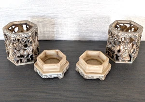 2 Chinese Hexagonal Brush Pot Style Carved Faux Soapstone Openwork Votive Holder - Picture 1 of 13