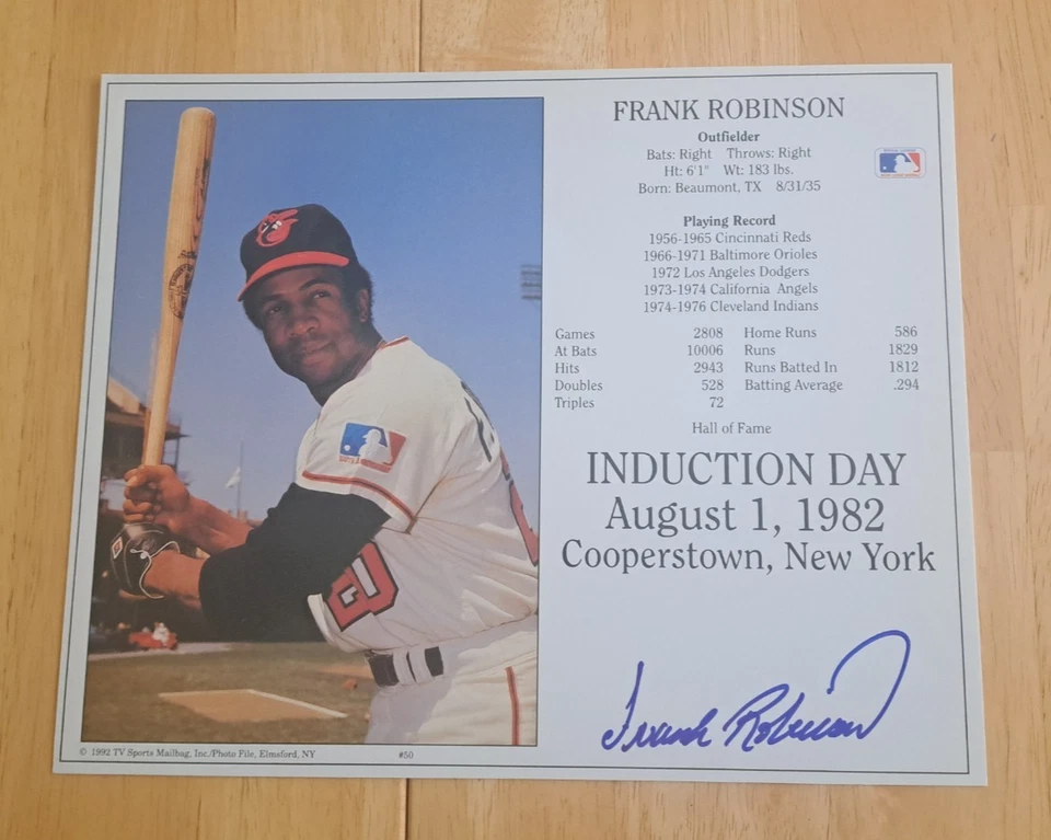 FRANK ROBINSON SIGNED 8X10 HALL OF FAME INDUCTION DAY CARD ORIOLES - Image 1 of 1