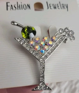 Vintage Kristall Martini Glas Brosche/Anstecknadel.  Silberfarben mit farbigen Strasssteinen 2005 - Bild 1 von 11