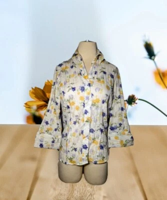Camisa Top Sarah Bentley Púrpura Amarillo FLORAL Abotonada Manga 3/4 TRANSPARENTE Talla Pequeña Foto 1 de 4