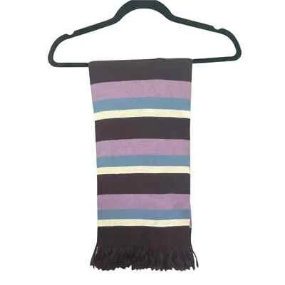 Ann Taylor Factory Striped Scarf Purple Blue White Colorblock Fringe Knit Winter - Image 1 of 2