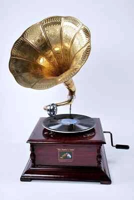 HIS MASTER'S VOICE Wood Brass Trumpet Gramophone with Worked Trumpet - Image 1 of 4